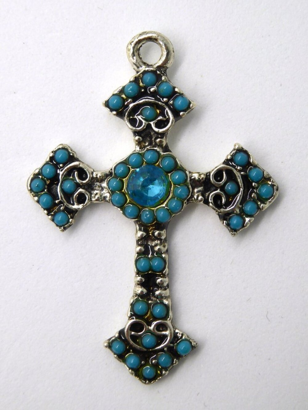 NEW CRUCIFIX CROSS BLUE MOON BEADS ACRYLIC TURQUOISE BEJEWELED PENDANT CHARM